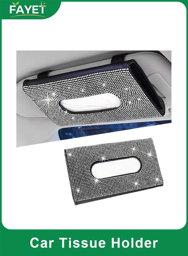 FAYET Bling Car Sun Visor Tissue Holder, PU Leather Rhinestone Crystal Tissue Box, Glitter Auto Napkin Case with Back Clips, Universal Car Accessories for Women - Image 1